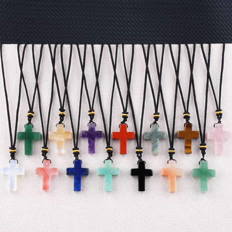 22x30mm Cross Shaped Gemstone Necklace Black Rope Drilled Horizontal Hole Charms Pendant Jewelry