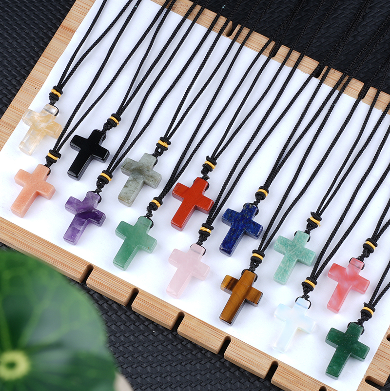 22x30mm Cross Shaped Gemstone Necklace Black Rope Drilled Horizontal Hole Charms Pendant Jewelry