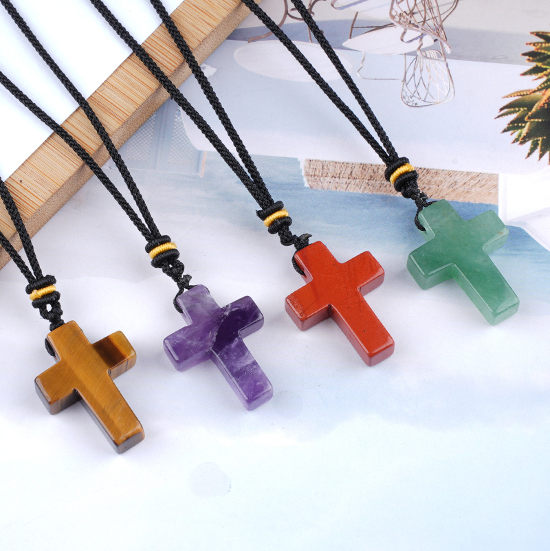 22x30mm Cross Shaped Gemstone Necklace Black Rope Drilled Horizontal Hole Charms Pendant Jewelry