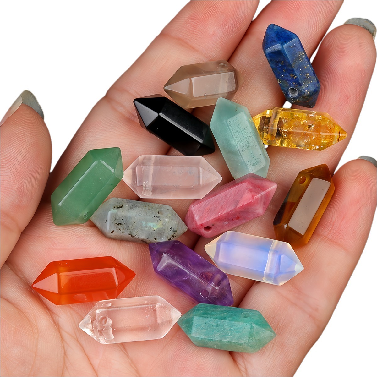 8x22mm Double Terminated Hexagonal Wand Side Drilled Hole Natural Gemstone Point Pendant for Jewelry Making Healing Reiki