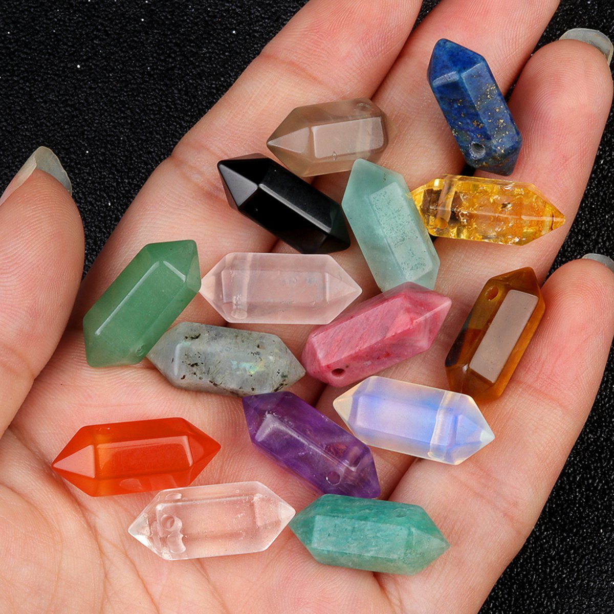 8x22mm Double Terminated Hexagonal Wand Side Drilled Hole Natural Gemstone Point Pendant for Jewelry Making Healing Reiki