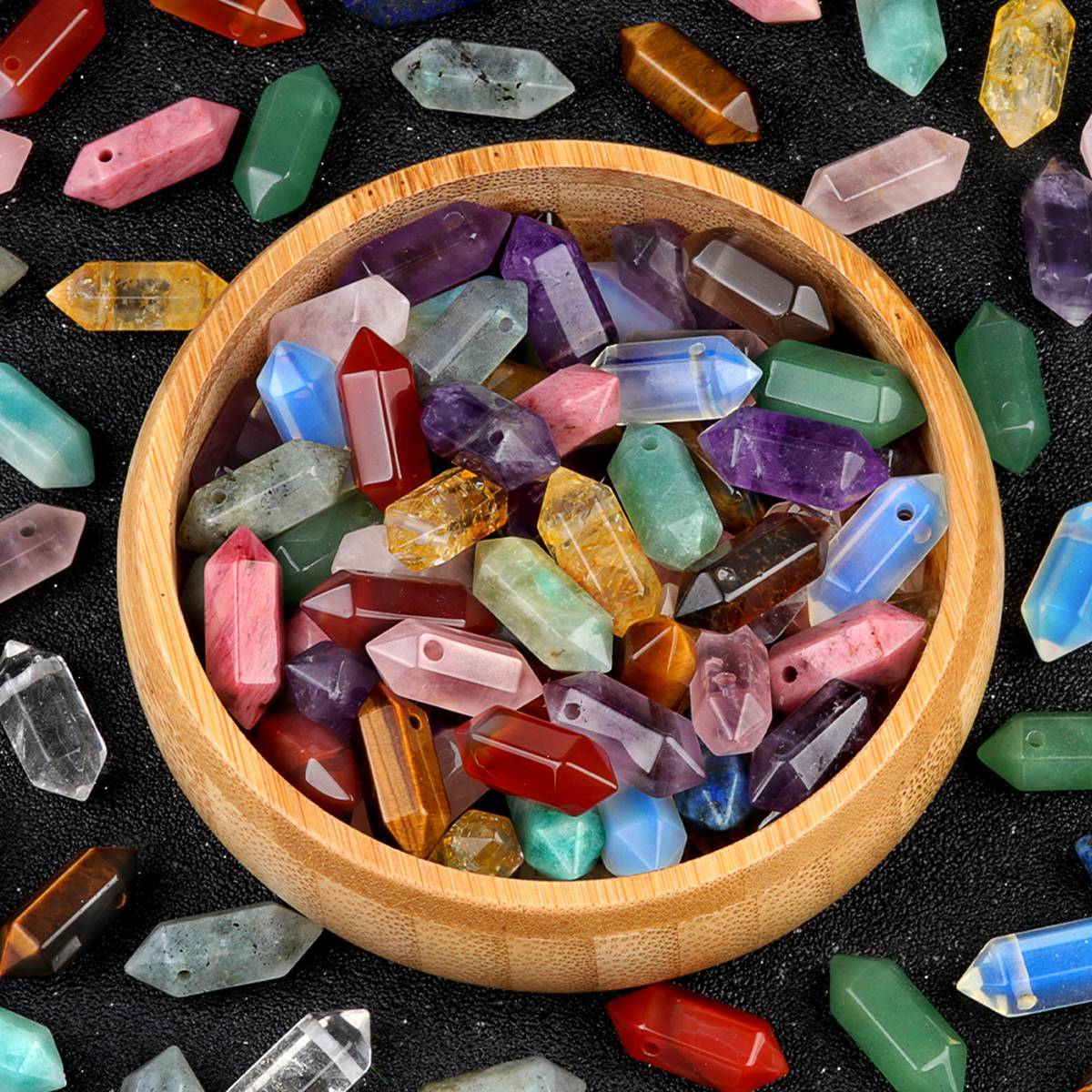 8x22mm Double Terminated Hexagonal Wand Side Drilled Hole Natural Gemstone Point Pendant for Jewelry Making Healing Reiki