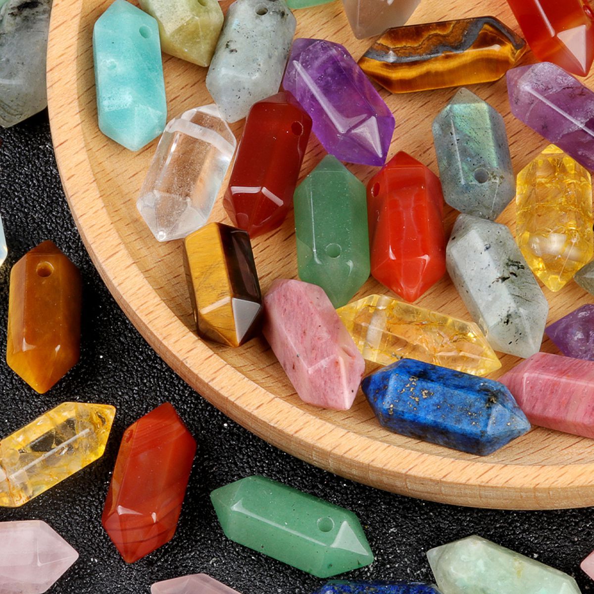 8x22mm Double Terminated Hexagonal Wand Side Drilled Hole Natural Gemstone Point Pendant for Jewelry Making Healing Reiki