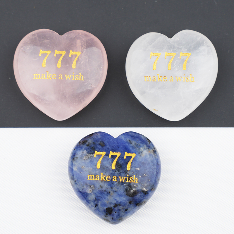 Angel Number 777 Engraved Heart, 30mm Lucky Gemstone Gift for Love, Protection & Good Fortune Home Office Decoration
