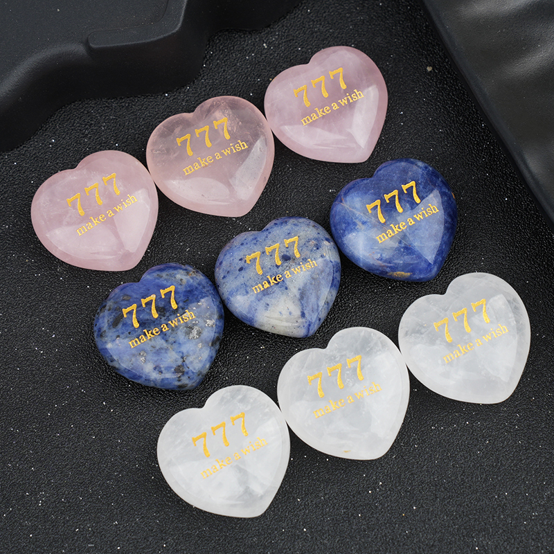 Angel Number 777 Engraved Heart, 30mm Lucky Gemstone Gift for Love, Protection & Good Fortune Home Office Decoration