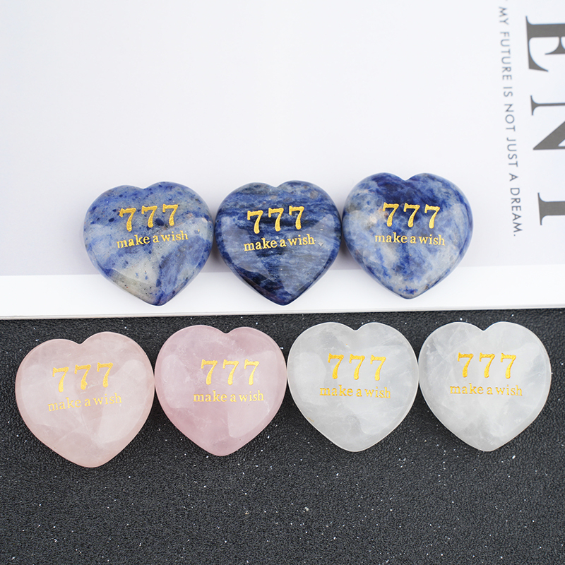 Angel Number 777 Engraved Heart, 30mm Lucky Gemstone Gift for Love, Protection & Good Fortune Home Office Decoration