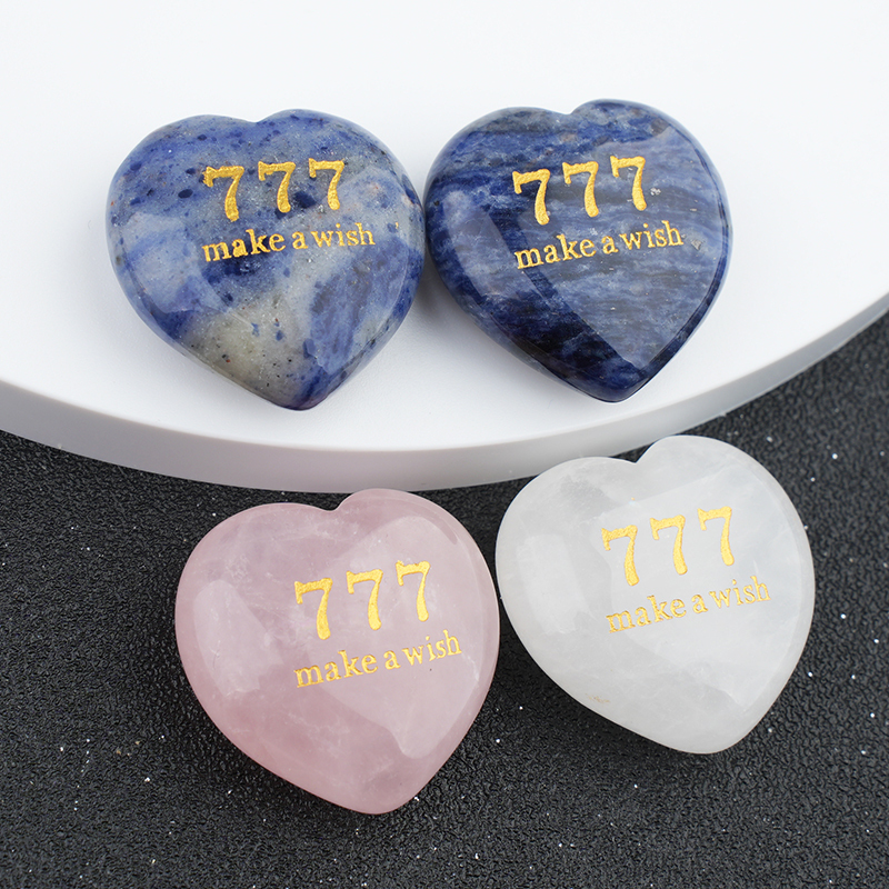 Angel Number 777 Engraved Heart, 30mm Lucky Gemstone Gift for Love, Protection & Good Fortune Home Office Decoration
