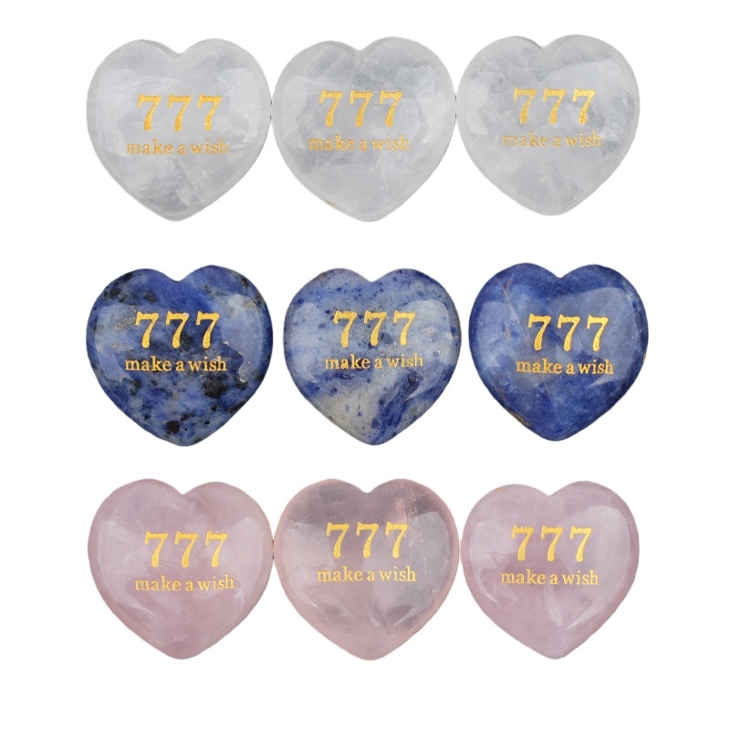Angel Number 777 Engraved Heart, 30mm Lucky Gemstone Gift for Love, Protection & Good Fortune Home Office Decoration