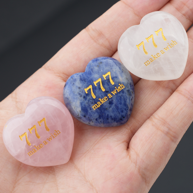 Angel Number 777 Engraved Heart, 30mm Lucky Gemstone Gift for Love, Protection & Good Fortune Home Office Decoration