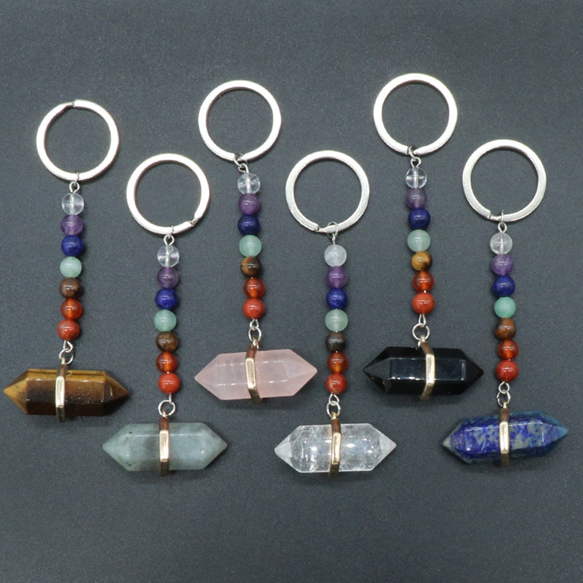 Gold Double Terminated Hexagonal Gemstone Point Pendant Keychain