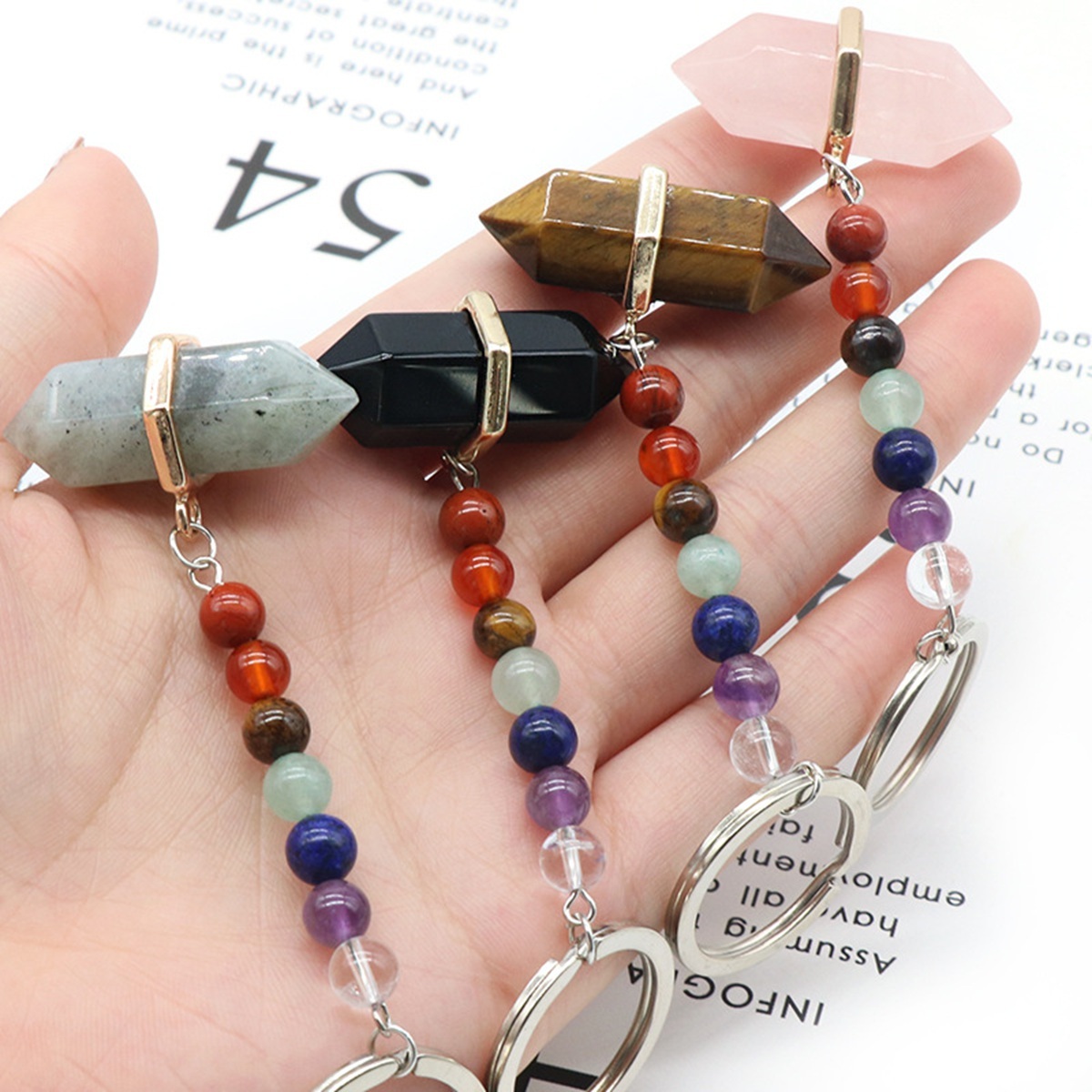 Gold Double Terminated Hexagonal Gemstone Point Pendant Keychain