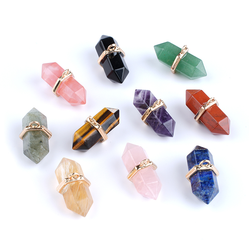 6x12mm Double Terminated Hexagonal Wand Side Drilled Hole Natural Gemstone Point Pendant for Jewelry Making Healing Reiki