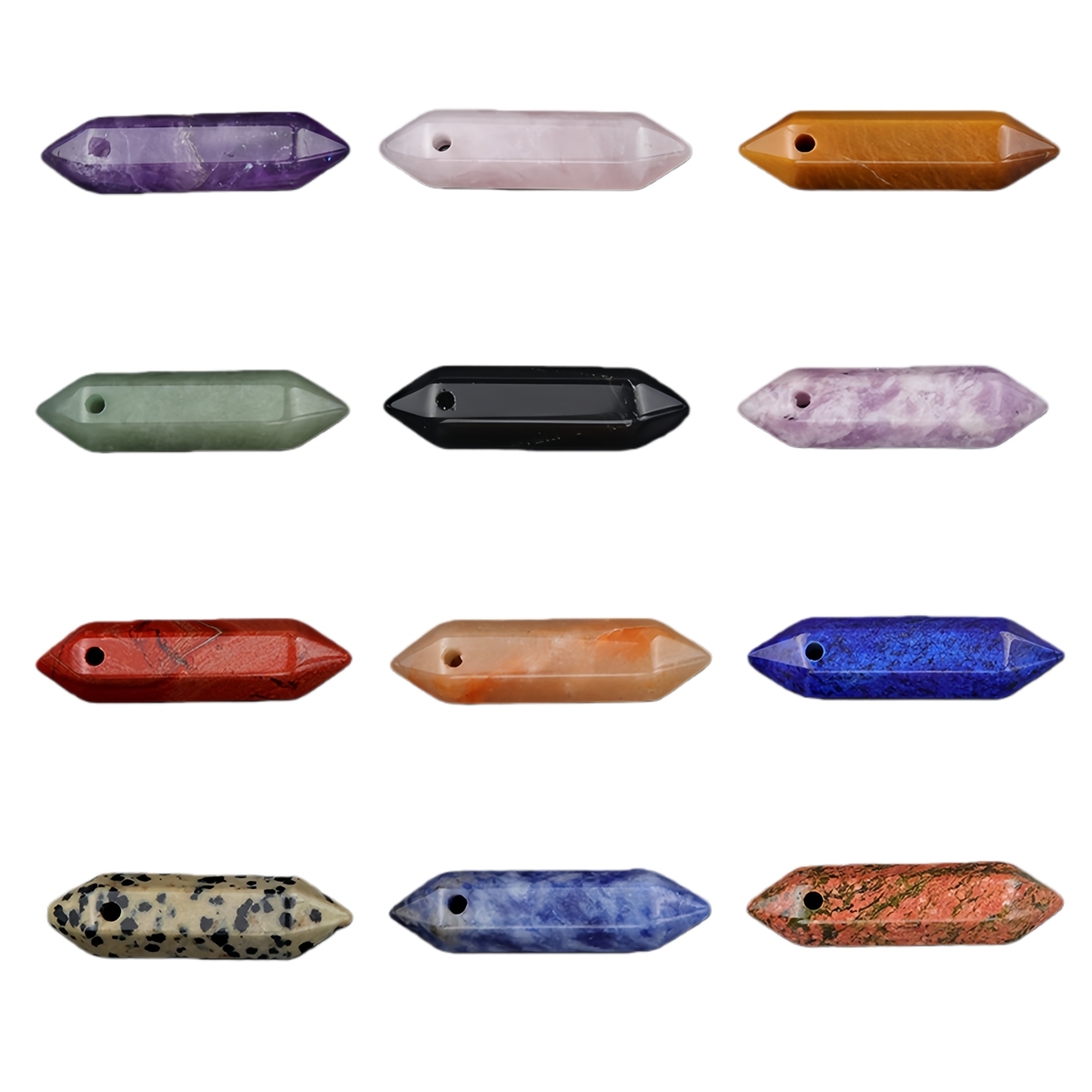 10x40mm Double Terminated Hexagonal Wand Side Drilled Hole Natural Gemstone Point Pendant for Jewelry Making Healing Reiki