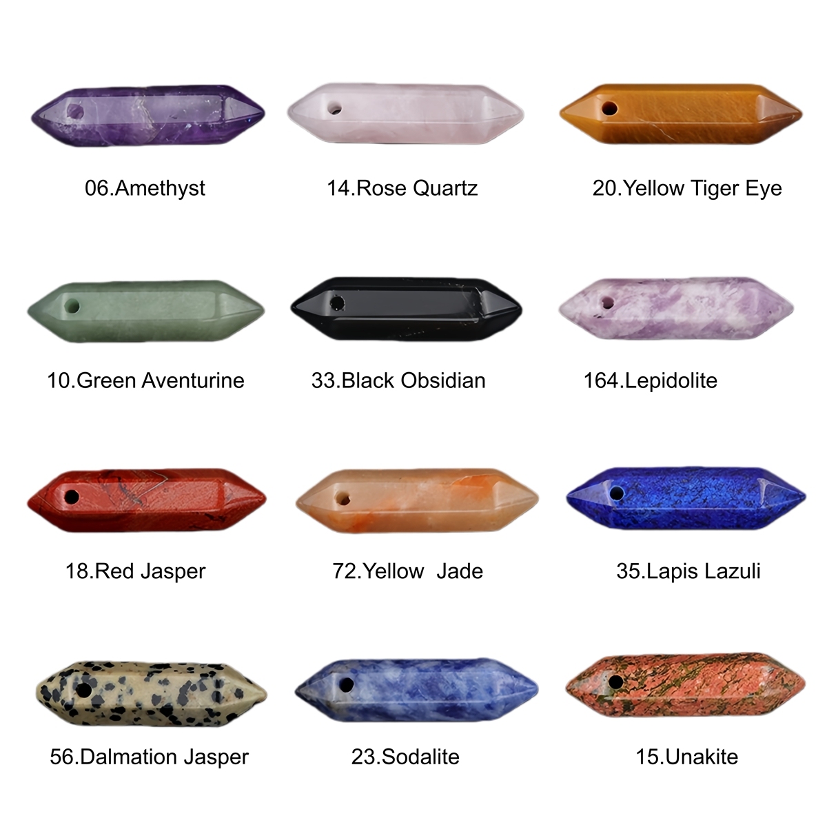 10x40mm Double Terminated Hexagonal Wand Side Drilled Hole Natural Gemstone Point Pendant for Jewelry Making Healing Reiki