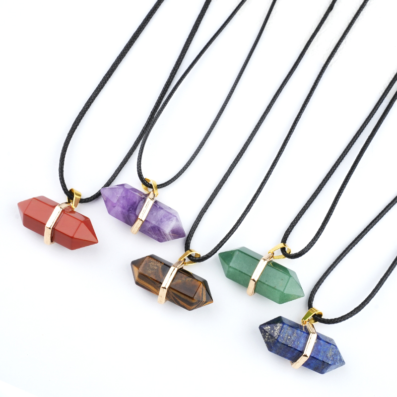6x12mm Double Terminated Hexagonal Wand Side Drilled Hole Natural Gemstone Point Pendant for Jewelry Making Healing Reiki