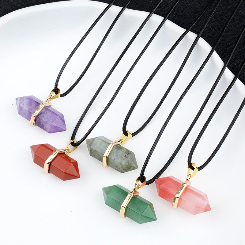 Gold Double Terminated Hexagonal Gemstone Point Pendant Necklace