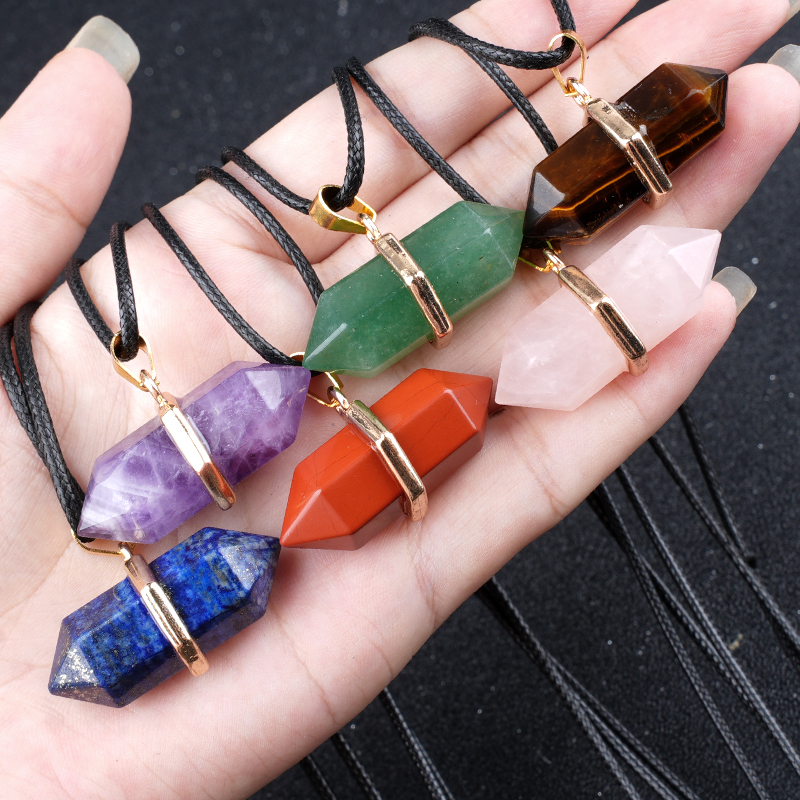 Gold Double Terminated Hexagonal Gemstone Point Pendant Necklace