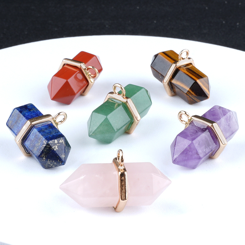 6x12mm Double Terminated Hexagonal Wand Side Drilled Hole Natural Gemstone Point Pendant for Jewelry Making Healing Reiki