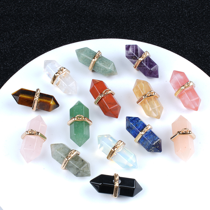6x12mm Double Terminated Hexagonal Wand Side Drilled Hole Natural Gemstone Point Pendant for Jewelry Making Healing Reiki