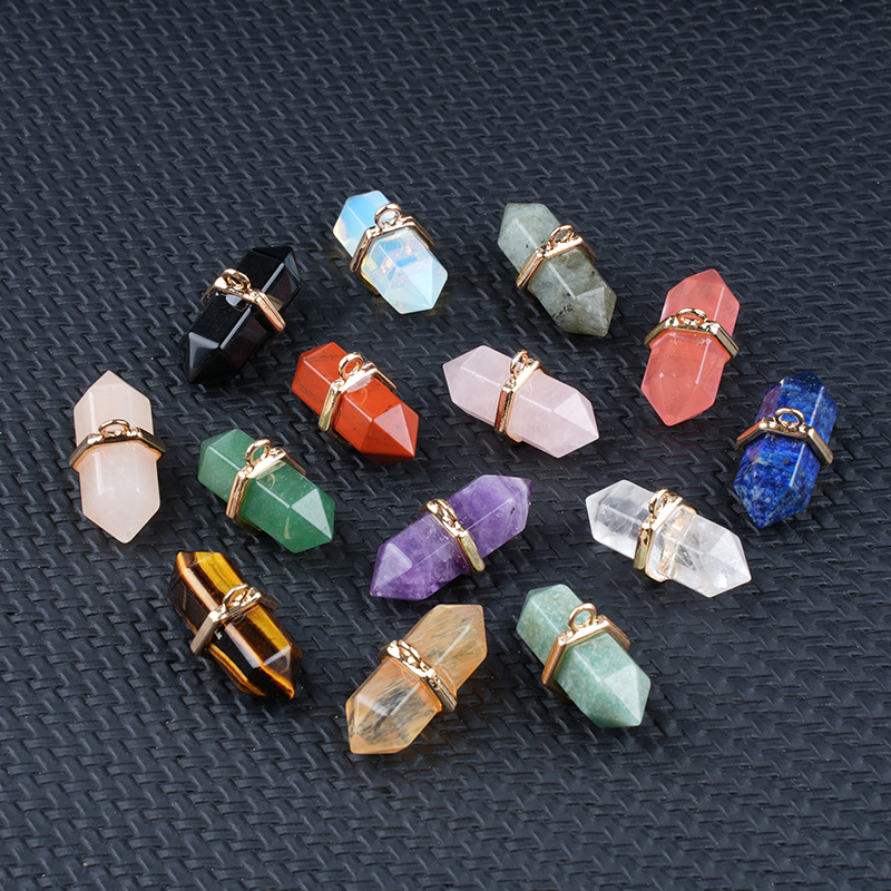 6x12mm Double Terminated Hexagonal Wand Side Drilled Hole Natural Gemstone Point Pendant for Jewelry Making Healing Reiki