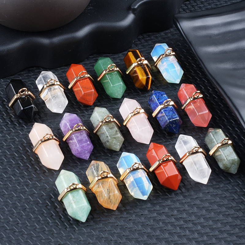 6x12mm Double Terminated Hexagonal Wand Side Drilled Hole Natural Gemstone Point Pendant for Jewelry Making Healing Reiki