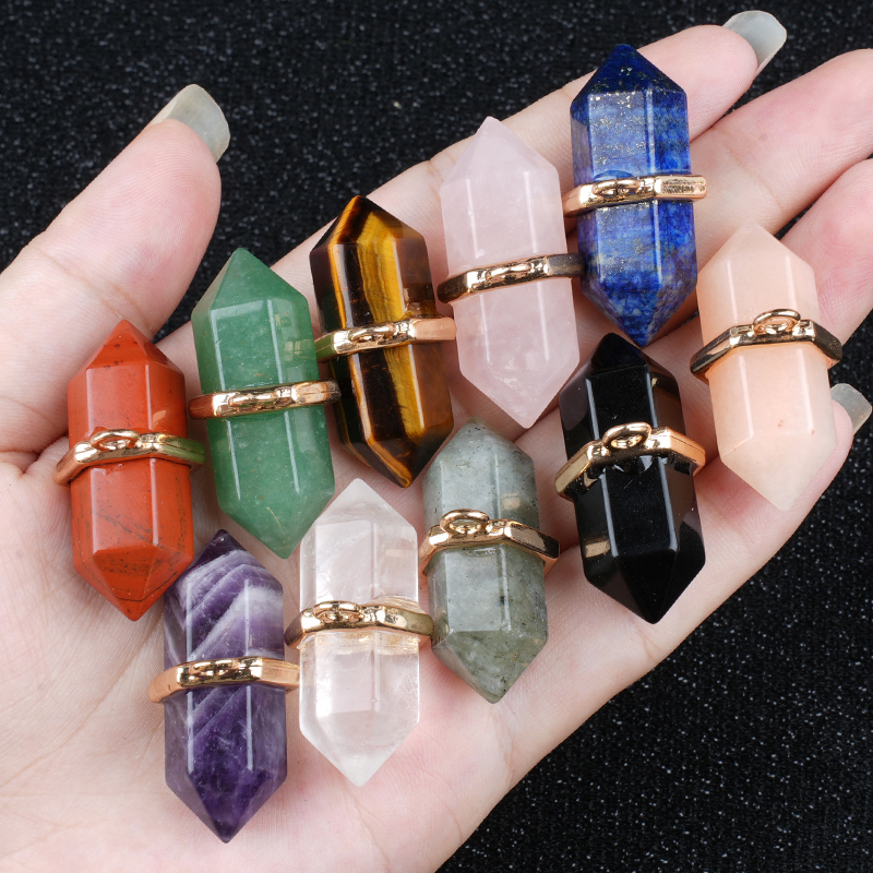 6x12mm Double Terminated Hexagonal Wand Side Drilled Hole Natural Gemstone Point Pendant for Jewelry Making Healing Reiki