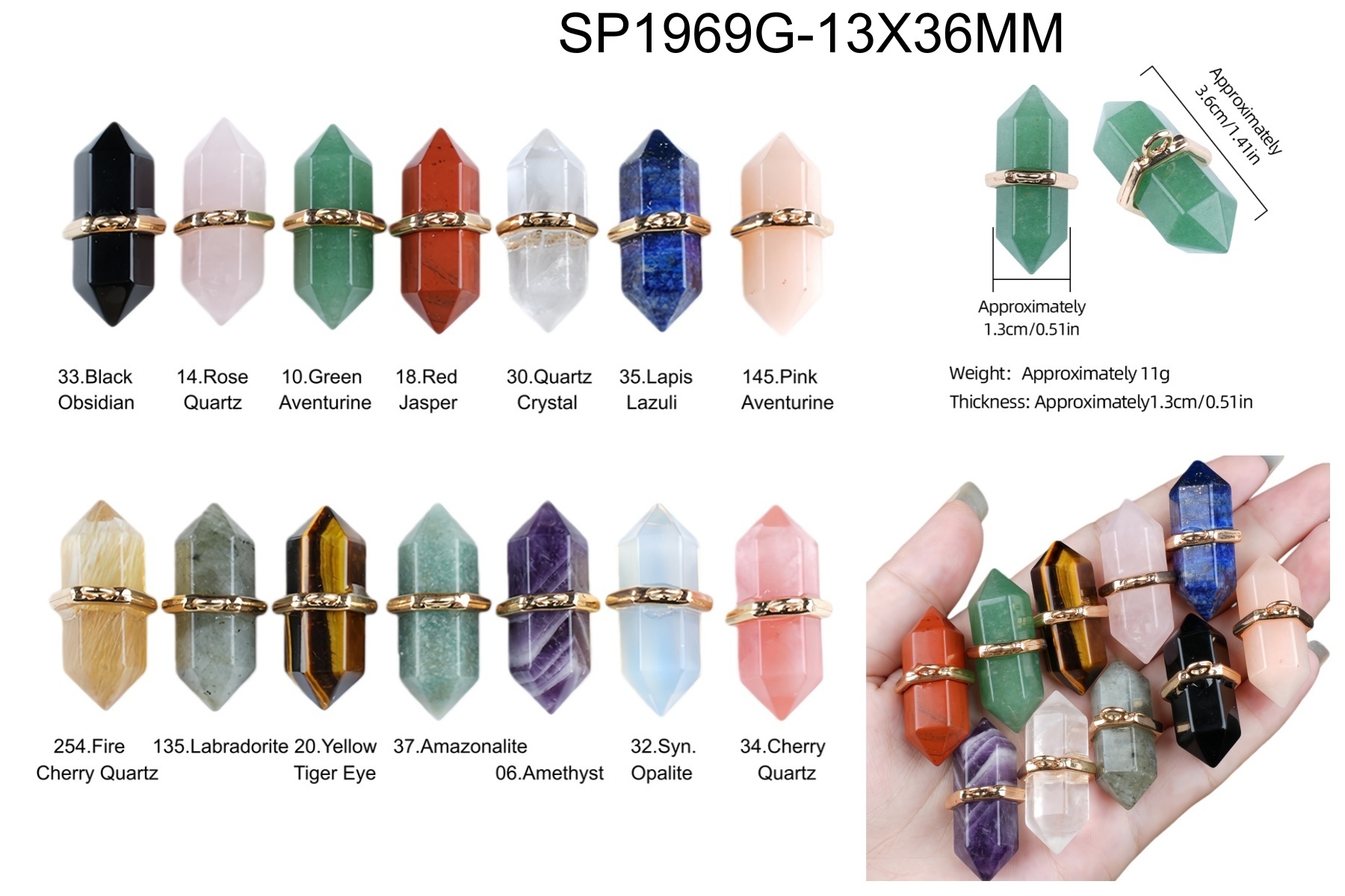 6x12mm Double Terminated Hexagonal Wand Side Drilled Hole Natural Gemstone Point Pendant for Jewelry Making Healing Reiki