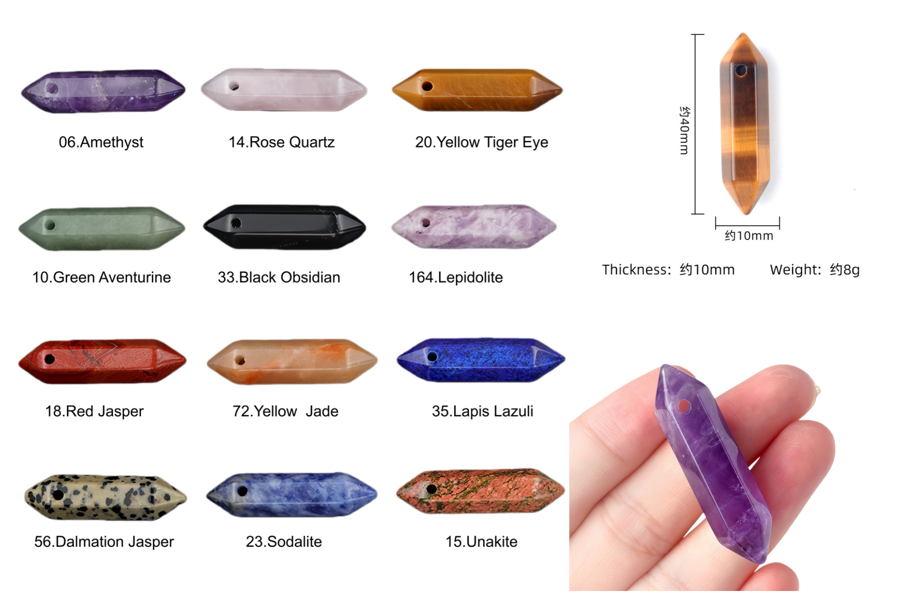 10x40mm Double Terminated Hexagonal Wand Side Drilled Hole Natural Gemstone Point Pendant for Jewelry Making Healing Reiki