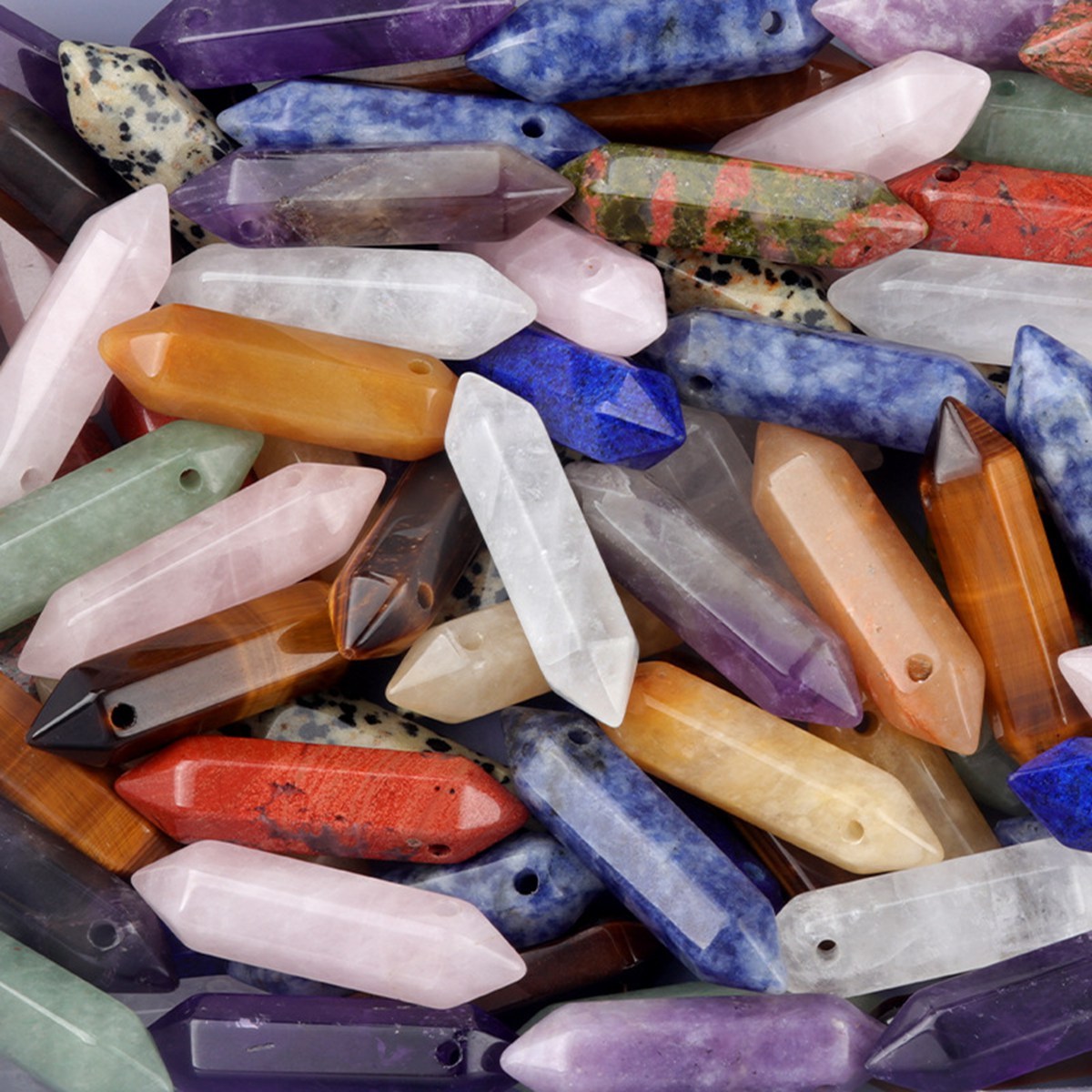 10x40mm Double Terminated Hexagonal Wand Side Drilled Hole Natural Gemstone Point Pendant for Jewelry Making Healing Reiki