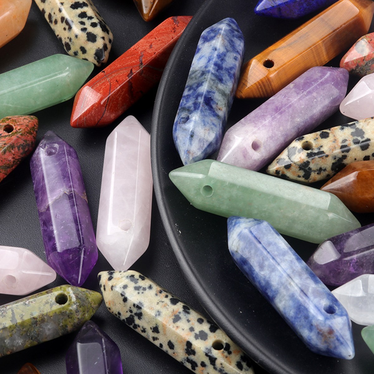 10x40mm Double Terminated Hexagonal Wand Side Drilled Hole Natural Gemstone Point Pendant for Jewelry Making Healing Reiki