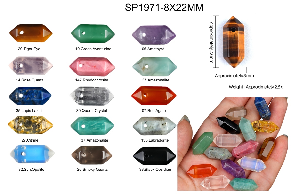 8x22mm Double Terminated Hexagonal Wand Side Drilled Hole Natural Gemstone Point Pendant for Jewelry Making Healing Reiki