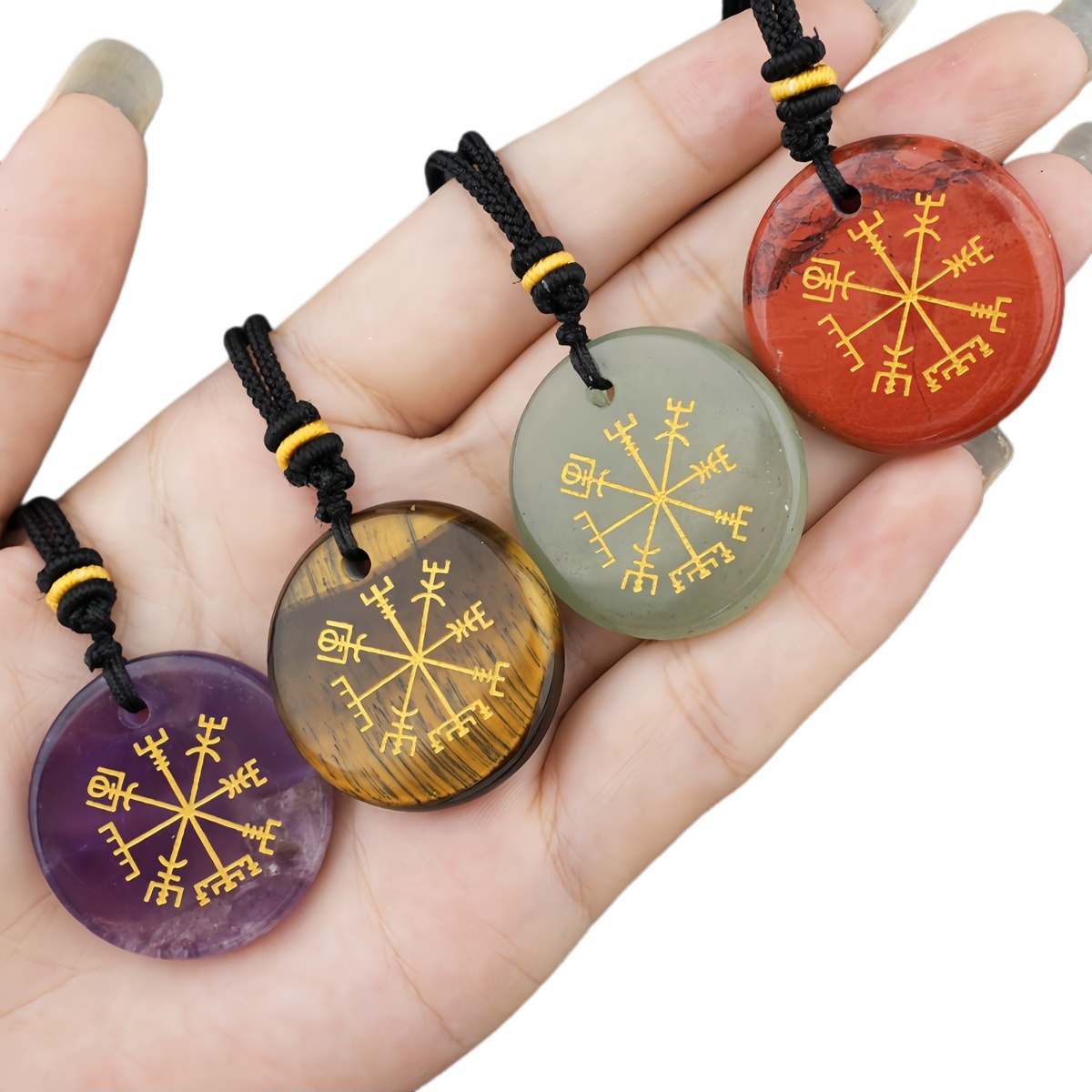 Gold Pattern-AIM & Metatron's Cube Circular Gemstone Pendant Necklace For Women Men Adjustable Rope