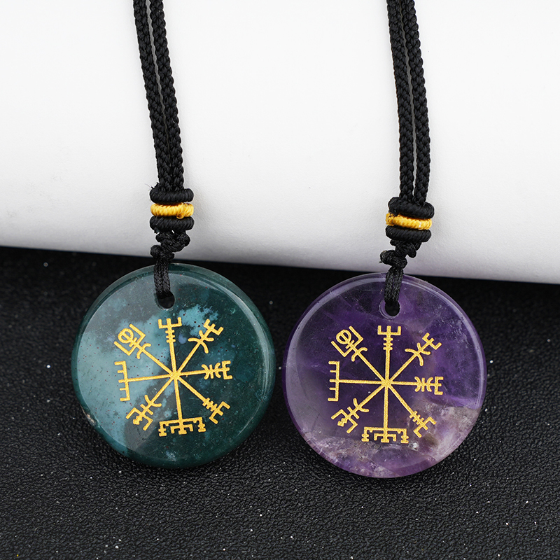 Gold Pattern-AIM & Metatron's Cube Circular Gemstone Pendant Necklace For Women Men Adjustable Rope
