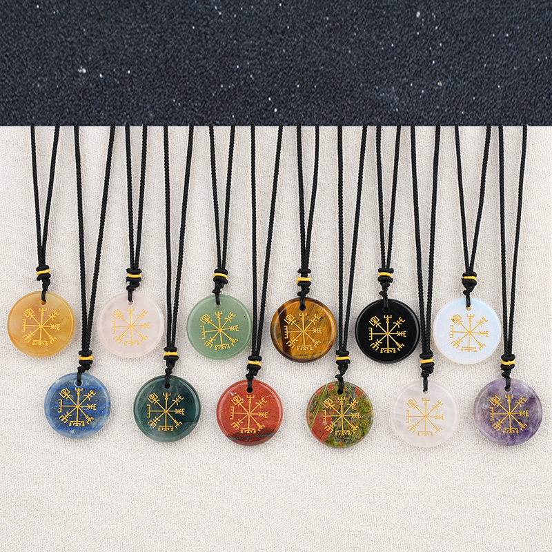 Gold Pattern-AIM & Metatron's Cube Circular Gemstone Pendant Necklace For Women Men Adjustable Rope