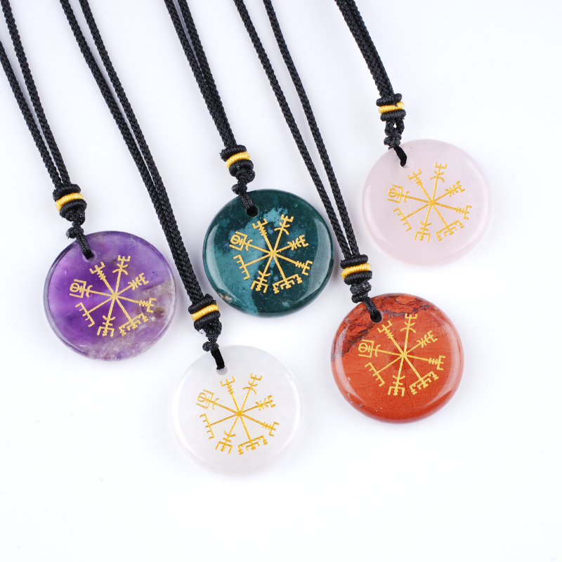 Gold Pattern-AIM & Metatron's Cube Circular Gemstone Pendant Necklace For Women Men Adjustable Rope