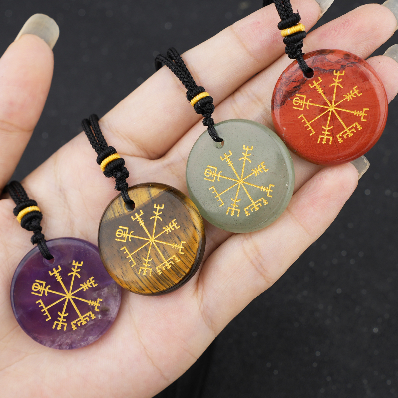 Gold Pattern-AIM & Metatron's Cube Circular Gemstone Pendant Necklace For Women Men Adjustable Rope