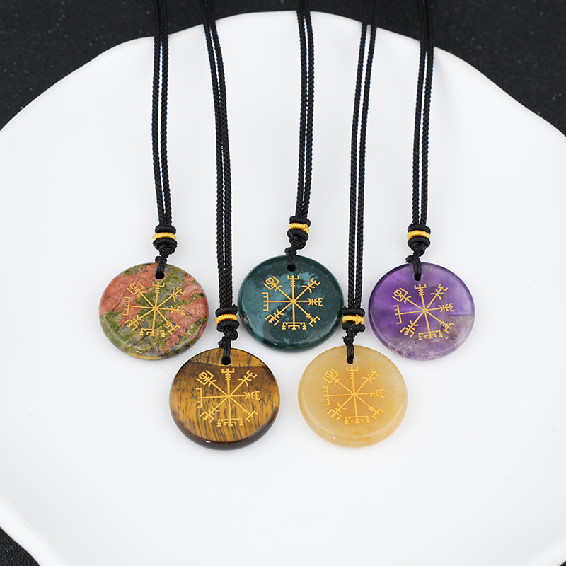 Gold Pattern-AIM & Metatron's Cube Circular Gemstone Pendant Necklace For Women Men Adjustable Rope