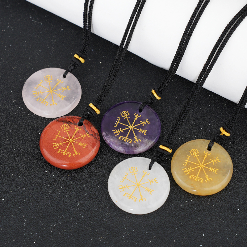 Gold Pattern-AIM & Metatron's Cube Circular Gemstone Pendant Necklace For Women Men Adjustable Rope