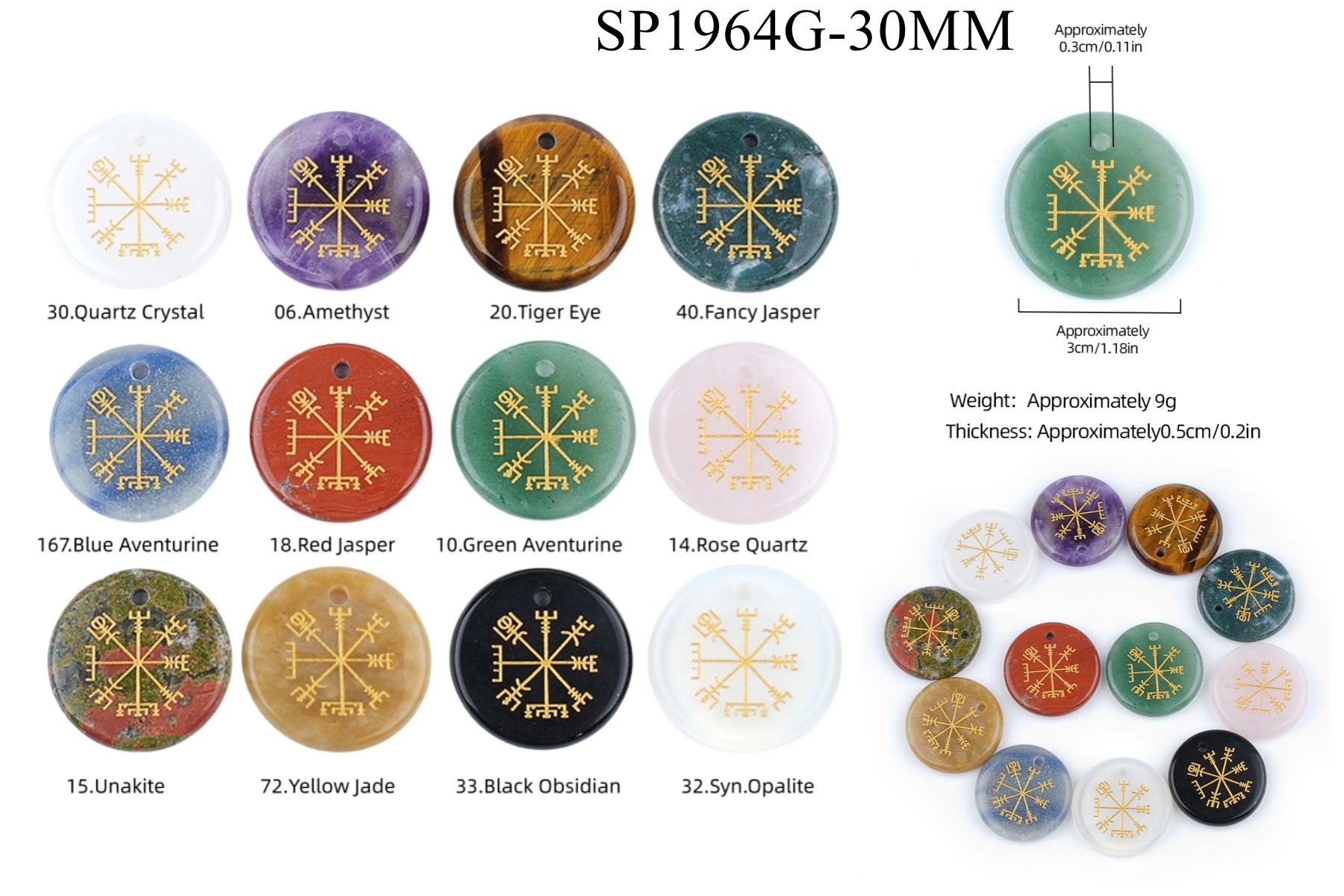 30mm Gemstone Disc Ornament Handmade Craved Pattern-AIM Pendant for Making Jewelry