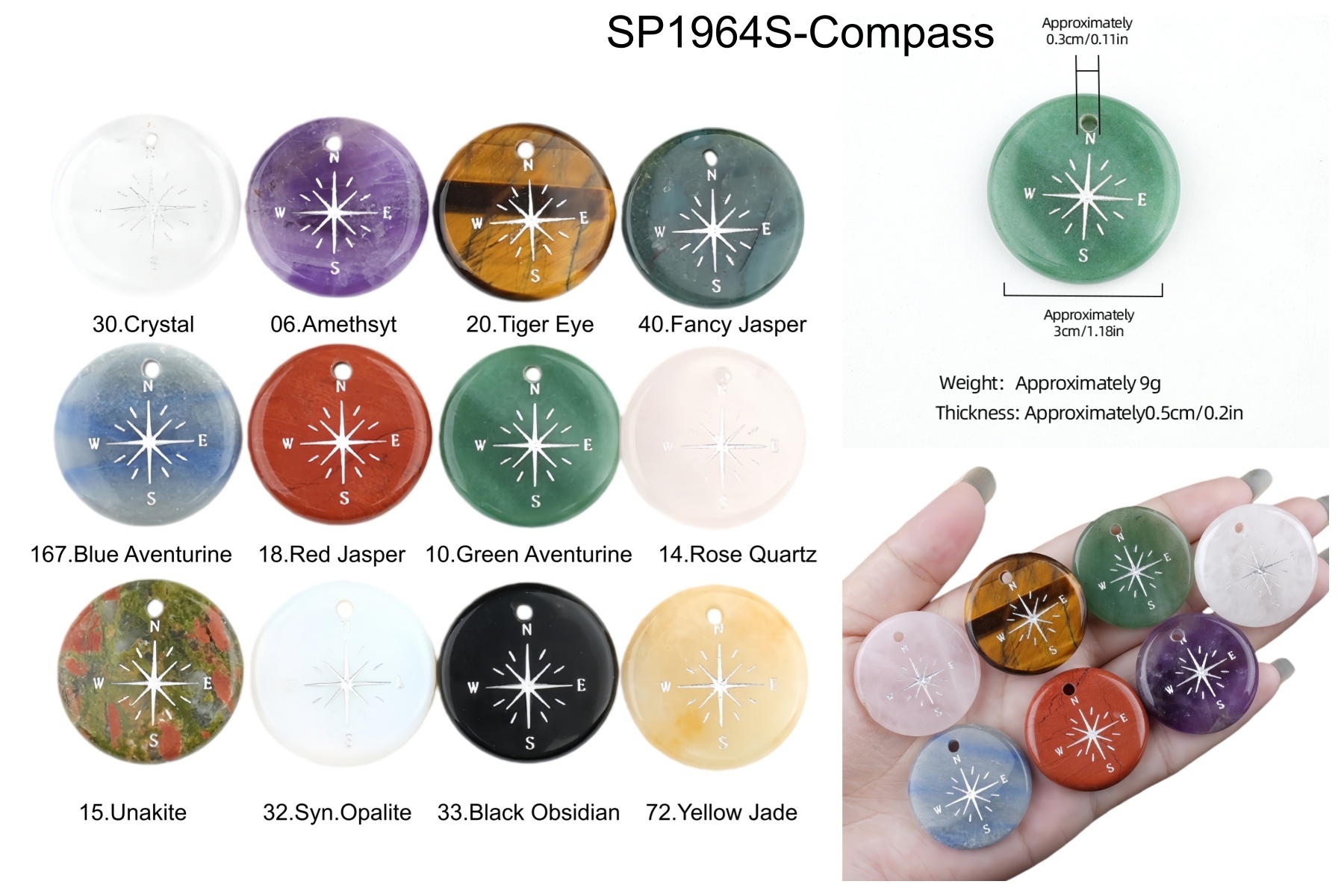 30mm Gemstone Disc Ornament Handmade Craved Pattern-Silver Compass Pendant for Making Jewelry