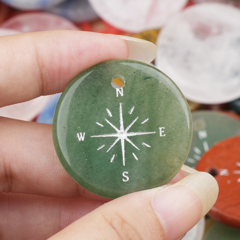 30mm Gemstone Disc Ornament Handmade Craved Pattern-Silver Compass Pendant for Making Jewelry