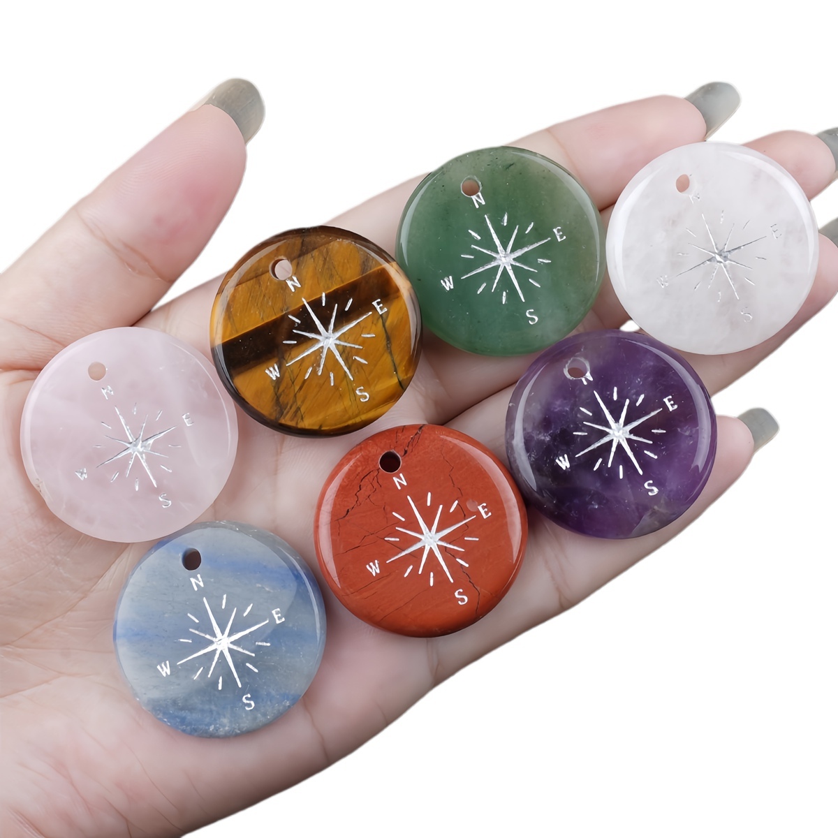 30mm Gemstone Disc Ornament Handmade Craved Pattern-Silver Compass Pendant for Making Jewelry