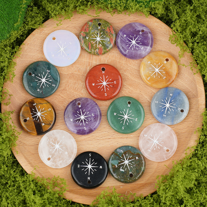 30mm Gemstone Disc Ornament Handmade Craved Pattern-Silver Compass Pendant for Making Jewelry