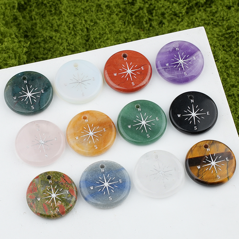 30mm Gemstone Disc Ornament Handmade Craved Pattern-Silver Compass Pendant for Making Jewelry