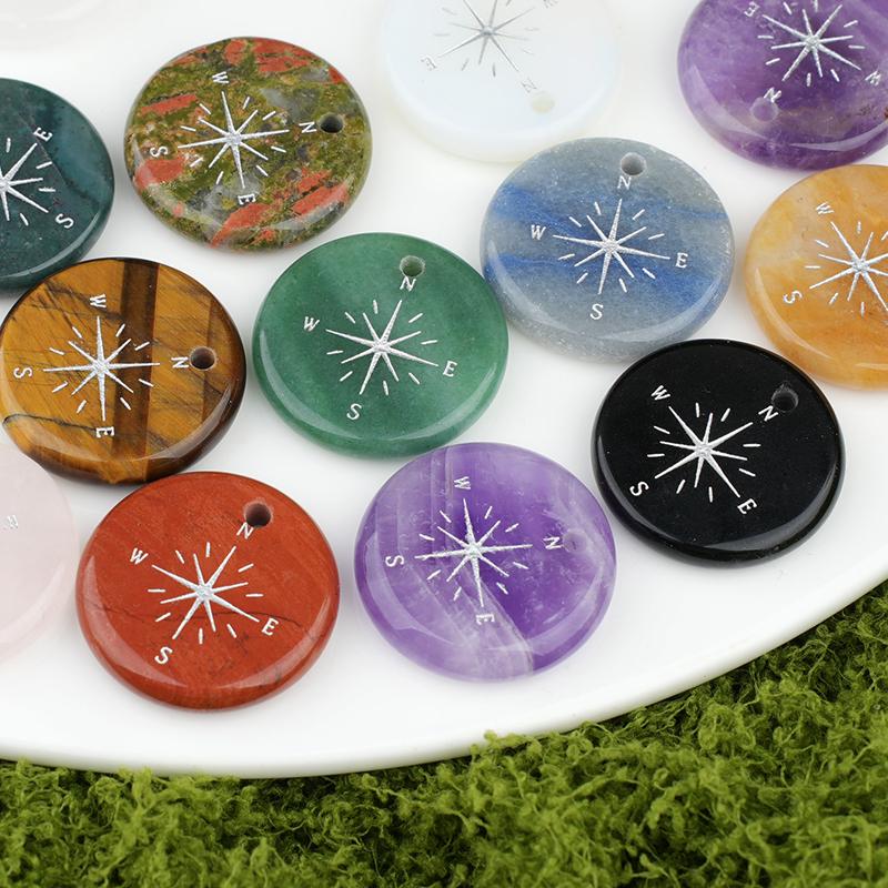 30mm Gemstone Disc Ornament Handmade Craved Pattern-Silver Compass Pendant for Making Jewelry