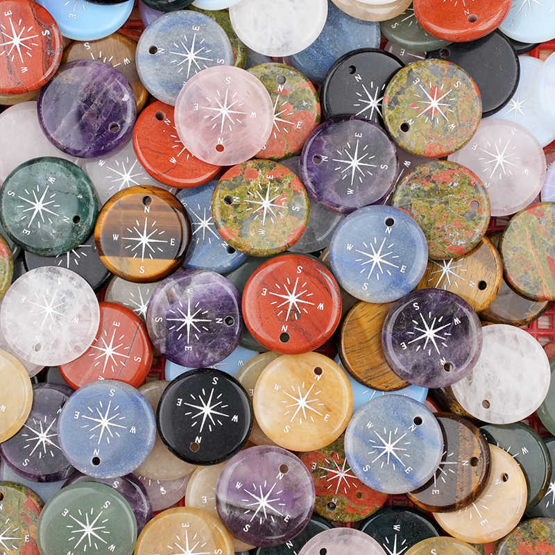 30mm Gemstone Disc Ornament Handmade Craved Pattern-Silver Compass Pendant for Making Jewelry