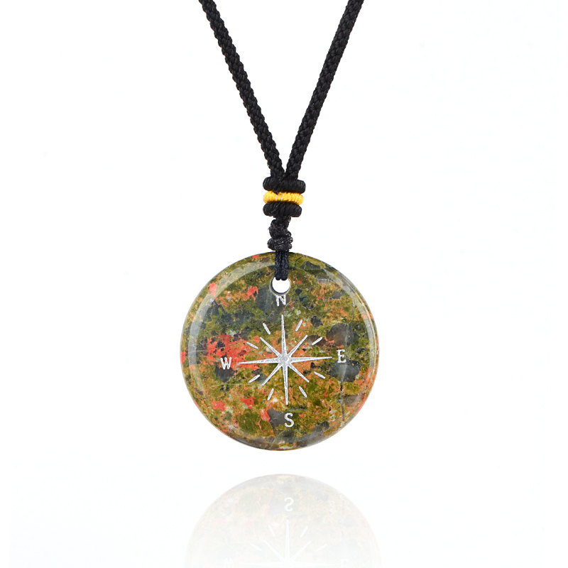 30MM Disc Pendant Necklace Adjustable Rope  Silver Pattern  Compass