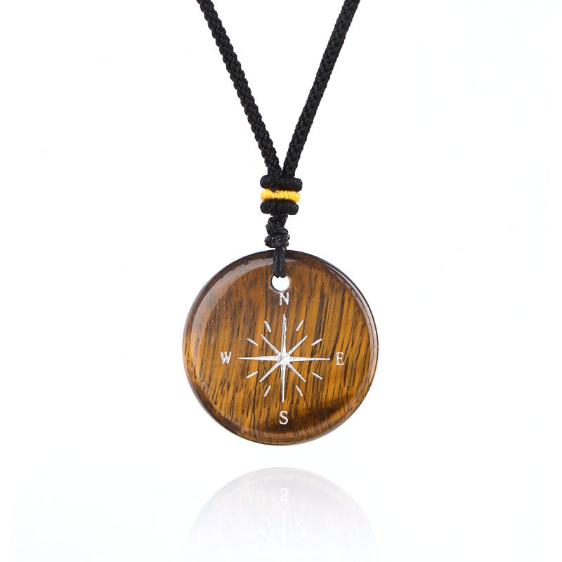 30MM Disc Pendant Necklace Adjustable Rope  Silver Pattern  Compass
