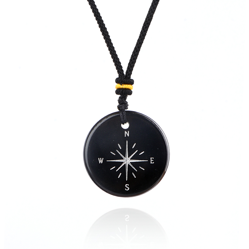 30MM Disc Pendant Necklace Adjustable Rope  Silver Pattern  Compass