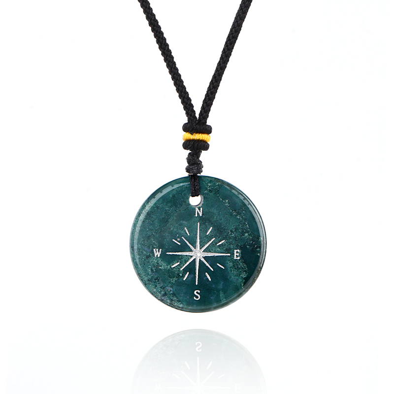 30MM Disc Pendant Necklace Adjustable Rope  Silver Pattern  Compass